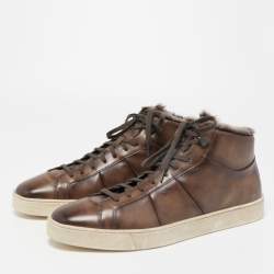 Santoni Brown Leather And Fur High Top Sneakers Size 44