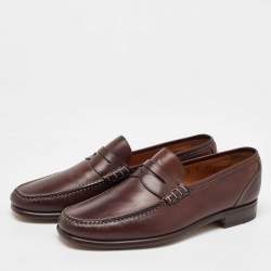 Santoni Dark Brown Leather Slip On Loafers Size 40.5