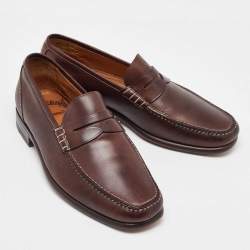 Santoni Dark Brown Leather Slip On Loafers Size 40.5