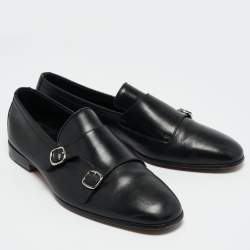 Santoni Black Leather Double Buckle Monk Derby Size 42