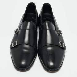 Santoni Black Leather Double Buckle Monk Derby Size 42