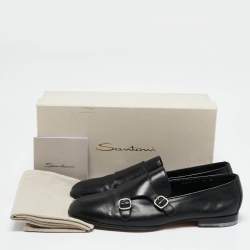 Santoni Black Leather Double Buckle Monk Derby Size 42