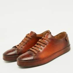Santoni Brown Leather Lace Up Low Top Sneakers Size 40.5