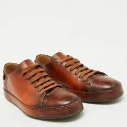 Santoni Brown Leather Lace Up Low Top Sneakers Size 40.5