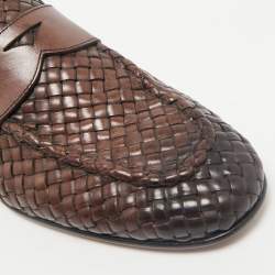 Santoni Ombre Brown Woven Leather Slip On Penny Loafers Size 40.5