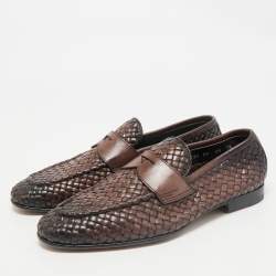 Santoni Ombre Brown Woven Leather Slip On Penny Loafers Size 40.5