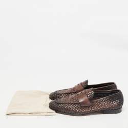 Santoni Ombre Brown Woven Leather Slip On Penny Loafers Size 40.5