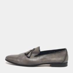 Pre Owned Santoni Grey Leather Tassel Detail Slip On Loafers Size 44