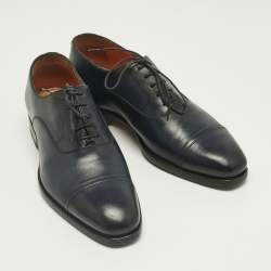 Pre Owned Santoni Navy Blue Leather Goodyear Oxfords Size 41