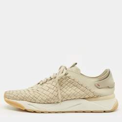 Pre Owned Santoni Size 43 Beige Woven Leather Lace Up Sneakers