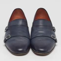 Pre Owned Santoni Size 44 Blue Leather Double Strap Loafers