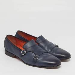 Pre Owned Santoni Size 44 Blue Leather Double Strap Loafers