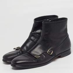 Pre Owned حذاء بوت سانتوني بجلد أسود بنقشة جلد الأفعى مع إبزيمين عند الكاحل مقاس 45