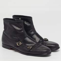 Pre Owned حذاء بوت سانتوني بجلد أسود بنقشة جلد الأفعى مع إبزيمين عند الكاحل مقاس 45