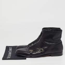 Pre Owned حذاء بوت سانتوني بجلد أسود بنقشة جلد الأفعى مع إبزيمين عند الكاحل مقاس 45