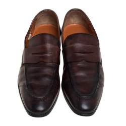 Pre Owned Santoni Brown Leather Slip On Loafers Size 42