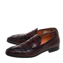 Pre Owned Santoni Brown Leather Slip On Loafers Size 42