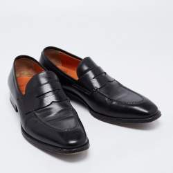 Pre Owned Santoni Black Leather Slip On Loafers Size 42