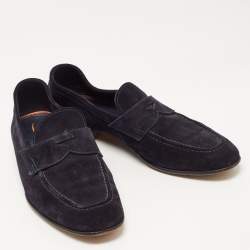 Santoni Navy Blue Suede Penny Slip On Loafers Size 41.5