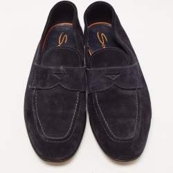 Santoni Navy Blue Suede Penny Slip On Loafers Size 41.5