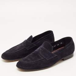 Santoni Navy Blue Suede Penny Slip On Loafers Size 41.5