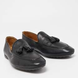 Pre Owned Santoni Black Leather Fringe Tassel Detail Slip On Loafer Size 43