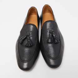 Pre Owned Santoni Black Leather Fringe Tassel Detail Slip On Loafer Size 43