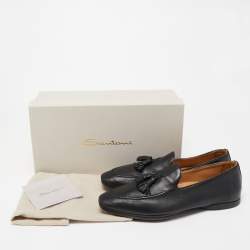 Pre Owned Santoni Black Leather Fringe Tassel Detail Slip On Loafer Size 43