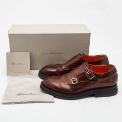 Santoni Brown Leather Double Buckle Strap Monk Derby Size 42
