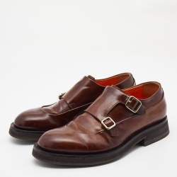 Santoni Brown Leather Double Buckle Strap Monk Derby Size 42