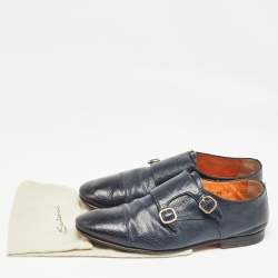 Santoni Blue Leather Double Buckle Monk Strap Derby Size 41