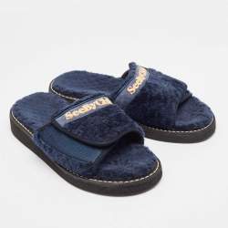 Pre Owned See by Chloe Navy Blue Fur Flat Slides Size 41