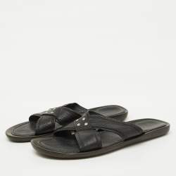 Sergio Rossi Black Leather Cross Strap Flat Sandals Size 44.5