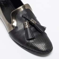 Sergio Rossi Black/Olive Green Patent And Leather Tassel Loafers Size 40.5