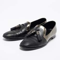 Sergio Rossi Black/Olive Green Patent And Leather Tassel Loafers Size 40.5