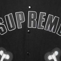 Supreme Black Wool & Leather Bone Print Varsity Jacket M