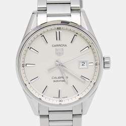 Pre Owned TAG Heuer Silver Stainless Steel Carrera Calibre 5 WAR211B Men's Wristwatch 39 mm