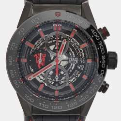 Pre Owned TAG Heuer Black PVD Coated Stainless Steel Rubber Carrera Manchester United Red Devil Edition CAR2A1J Men's Wristwatch 45 mm