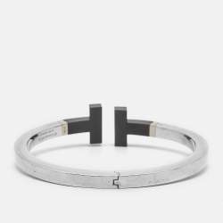 Pre Owned Tiffany & Co. T Square Ceramic 18k Yellow Gold Sterling Silver Open Cuff Bracelet
