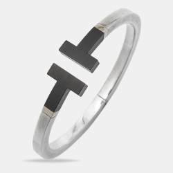 Pre Owned Tiffany & Co. T Square Ceramic 18k Yellow Gold Sterling Silver Open Cuff Bracelet