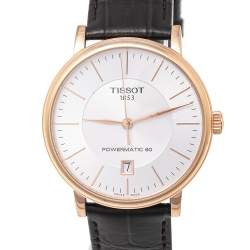 Pre Owned Tissot Silver Rose Gold Plated Stainless Steel Leather Caron Premium Powermatic 80 T122.407.36.031.00 Men's Wristwatch 40 mm