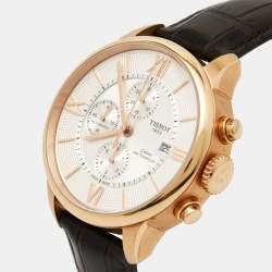 Tissot Silver Rose Gold Plated Stainless Steel Leather T-Classic Chemin Des Tourelles T099.427.36.038.00 Men's Wristwatch 44 mm 