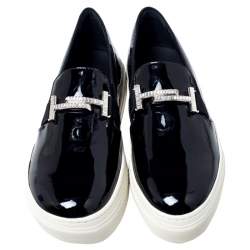 Pre Owned Tod's Black Patent Leather Sportivo Maxi Crystal Double T Slip On Sneakers Size 40