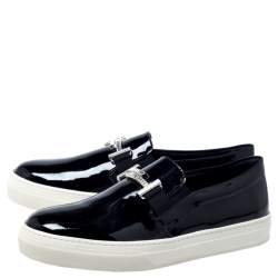 Pre Owned Tod's Black Patent Leather Sportivo Maxi Crystal Double T Slip On Sneakers Size 40