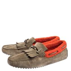Pre Owned Tod's Beige/Orange Suede And Shearling Trim Double T Fringe Loafers Size 43