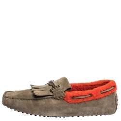 Pre Owned Tod's Beige/Orange Suede And Shearling Trim Double T Fringe Loafers Size 43