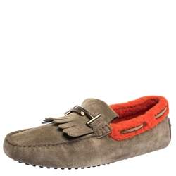 Pre Owned Tod's Beige/Orange Suede And Shearling Trim Double T Fringe Loafers Size 43