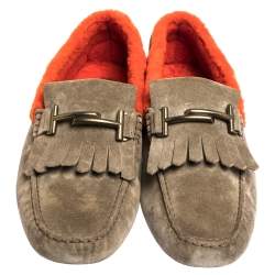 Pre Owned Tod's Beige/Orange Suede And Shearling Trim Double T Fringe Loafers Size 43