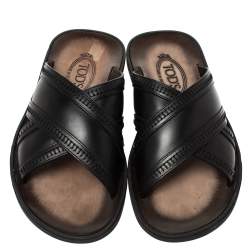 Tod's Black Leather Cross Strap Flat Sandals Size 41.5
