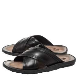 Tod's Black Leather Cross Strap Flat Sandals Size 41.5
